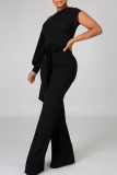 Black Fashion Casual Solid Patchwork Asymmetrical Asymmetrical Collar Straight Jumpsuits