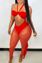 Red Sexy Solid Flounce Mesh Halter Skinny Jumpsuits