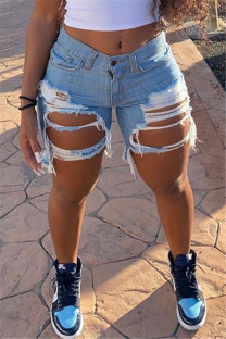 Baby Blue Fashion Casual Sweet Solid Ripped Split Joint Regular Mid Waist Conventional Solid Color Plus Size Denim Shorts