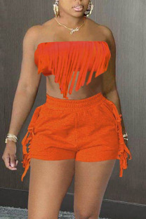 Tangerine Red Sexy Solid Tassel Patchwork Strapless Sleeveless Two Pieces