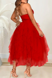 Red Sexy Hot Drilling Mesh Strapless Mesh Dress Dresses