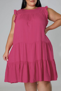 Rose Red Casual Solid Split Joint O Neck A Line Plus Size Dresses