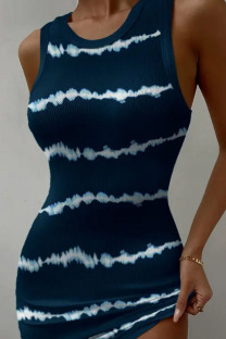 Dark Blue Casual Print Split Joint O Neck Pencil Skirt Dresses
