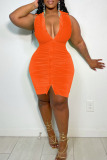 Tangerine Red Sexy Solid Patchwork Buckle Fold Turndown Collar Pencil Skirt Plus Size Dresses