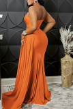 Orange Fashion Sexy Solid Patchwork Backless Slit One Shoulder Evening Dress