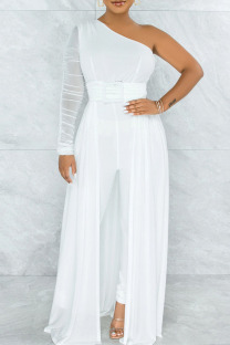 White Sexy Solid Patchwork See-through Oblique Collar Regular Jumpsuits