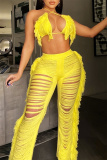 Yellow Fashion Sexy Solid Bandage Patchwork Backless Halter Sleeveless Two Pieces