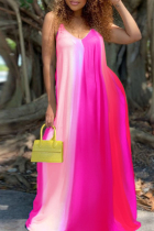 Pink Sexy Casual Plus Size Print Backless Spaghetti Strap Long Dress