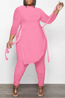 Pink Casual Solid Patchwork Half A Turtleneck Plus Size Two Pieces
