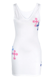White Fashion Sexy Print Basic V Neck Vest Dress