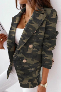 Army Green Fashion Casual Print Patchwork Slit Turn-back Collar Outerwear