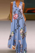 Blue Casual Elegant Print Patchwork V Neck A Line Dresses