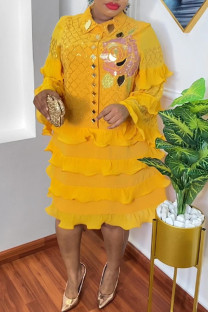 Yellow Fashion Casual Patchwork Hot Drill Turndown Collar Long Sleeve Plus Size Dresses