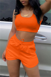Orange Fashion Casual Sportswear Solid Patchwork U Neck Sleeveless Two Pieces