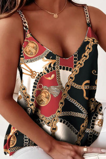 Black Red Sexy Print Patchwork Chains Spaghetti Strap Tops