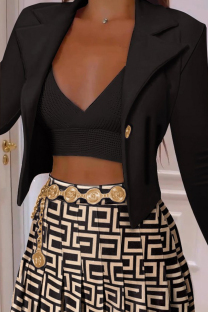 Black Fashion Casual Print Patchwork Cardigan Turndown Collar Outerwear