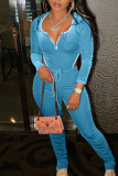 Sky Blue Sexy Solid Patchwork Asymmetrical U Neck Long Sleeve Two Pieces
