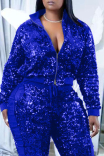Blue Sexy Solid Sequins Patchwork Zipper Collar Outerwear