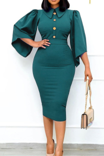 Green Fashion Casual Solid Patchwork Turndown Collar Pencil Skirt Dresses