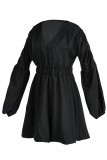 Black Fashion Sweet Solid Patchwork V Neck Lantern Skirt Dresses