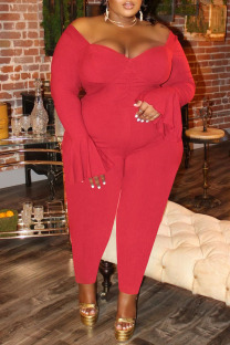 Burgundy Sexy Solid Patchwork V Neck Plus Size Jumpsuits