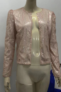 Pink Fashion Solid Sequins Patchwork O Neck Outerwear
