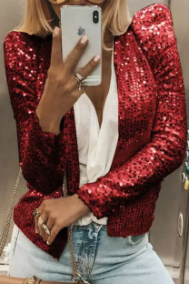 Red Fashion Solid Sequins Patchwork O Neck Outerwear