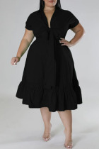 Black Casual Solid Patchwork Fold With Bow V Neck A Line Plus Size Dresses