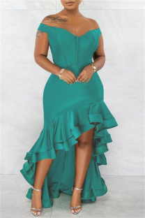 Green Fashion Sexy Formal Solid Patchwork Backless Off the Shoulder Evening Dress Dresses