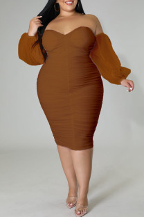 Coffee Sexy Solid Patchwork Off the Shoulder One Step Skirt Plus Size Dresses