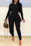 Black Casual Solid Bandage O Neck Long Sleeve Plus Size Two Pieces