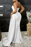 White Fashion Sexy Solid Patchwork Backless Slit One Shoulder Evening Dress