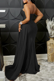 Black Fashion Sexy Solid Patchwork Backless Slit One Shoulder Evening Dress