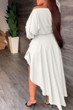 White Casual Solid Patchwork Asymmetrical Off the Shoulder Long Sleeve Two Pieces