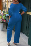 Blue Casual Solid Patchwork Backless Regular Jumpsuits