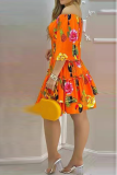 Orange Casual Print Patchwork Off the Shoulder Cake Skirt Dresses