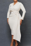 Cream White Casual Solid Patchwork V Neck Long Sleeve Dresses