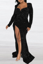 Black Sexy Formal Patchwork Sequins Slit V Neck Evening Dress Dresses