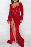 Red Sexy Formal Patchwork Sequins Slit V Neck Evening Dress Dresses