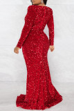 Red Sexy Formal Patchwork Sequins Slit V Neck Evening Dress Dresses