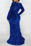 Blue Sexy Formal Patchwork Sequins Slit V Neck Evening Dress Dresses