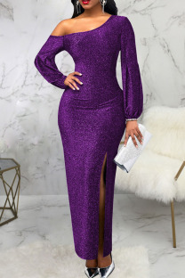 Purple Sexy Solid Patchwork Slit Oblique Collar Dresses