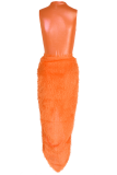 Orange Sexy Solid Tassel Half A Turtleneck Irregular Dress Dresses