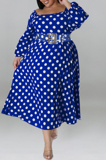Blue Casual Dot Print Patchwork Backless O Neck Long Sleeve Plus Size Dresses (Without Belt)