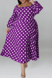 Dark Brown Casual Dot Print Patchwork Backless O Neck Long Sleeve Plus Size Dresses (Without Belt)