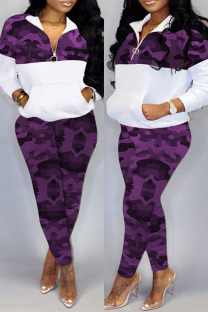 Purple Casual Camouflage Print Patchwork Zipper Collar Plus Size Two Pieces