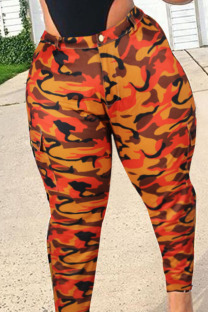 Orange Casual Camouflage Print Patchwork Plus Size Trousers