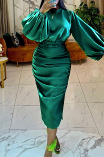 Green Casual Elegant Solid Patchwork Fold O Neck One Step Skirt Dresses