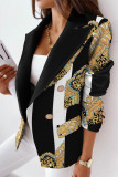 Black White Fashion Casual Print Patchwork Slit Turn-back Collar Outerwear