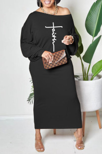 Black Casual Print Patchwork Oblique Collar Straight Dresses
